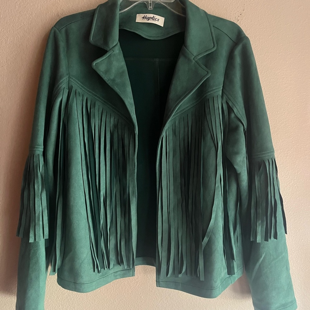 Haptics Teal Green Fringe Blazer